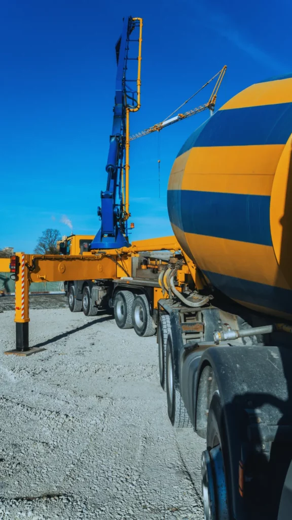 Gelb-blauer Fahrmischer mit Mischtrommel auf Baustelle