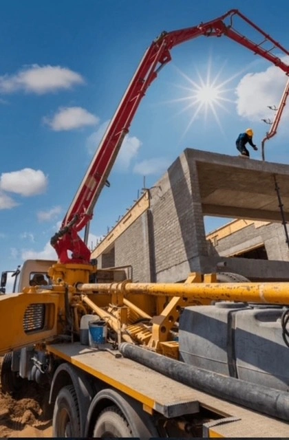 Rote Autobetonpumpe pumpt Beton auf Rohbau eines Gebäudes
